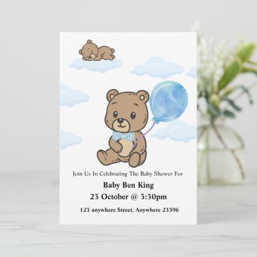 Blue Teddy Bear Baby Shower Invitation  招待状 (スタンド正面)