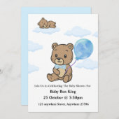 Blue Teddy Bear Baby Shower Invitation  招待状 (正面/裏面)