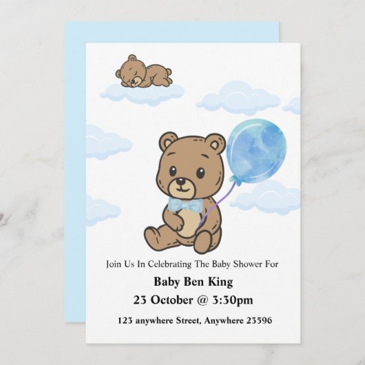 Blue Teddy Bear Baby Shower Invitation  招待状 (正面/裏面)
