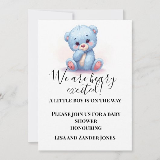 Blue Teddy Bear Baby Shower Invitation | Baby Boy  招待状 (正面)