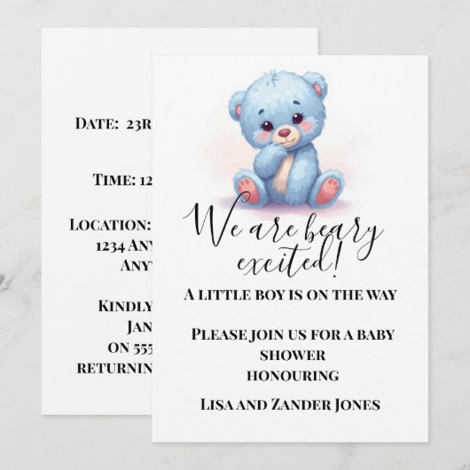 Blue Teddy Bear Baby Shower Invitation | Baby Boy  招待状 (正面/裏面)