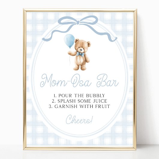 Blue Teddy Bear Baby Shower Mimosa Bar Sign ポスター