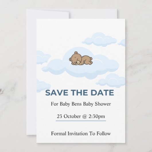 Blue Teddy Bear Baby Shower Save the Date Card 招待状 (正面)