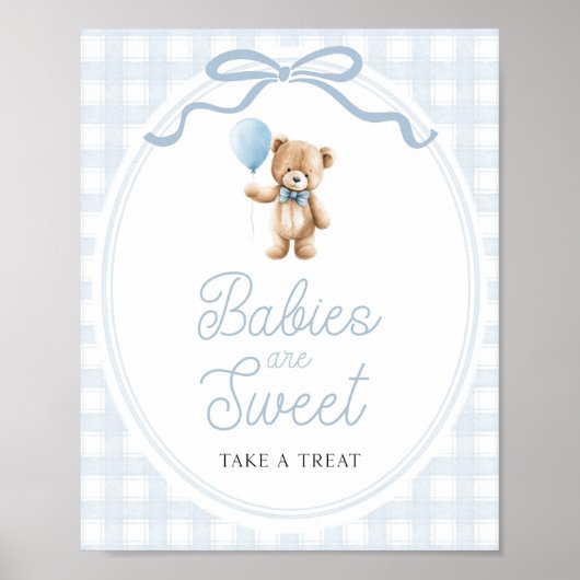 Blue Teddy Bear Baby Shower Sweets Table Sign ポスター (正面)