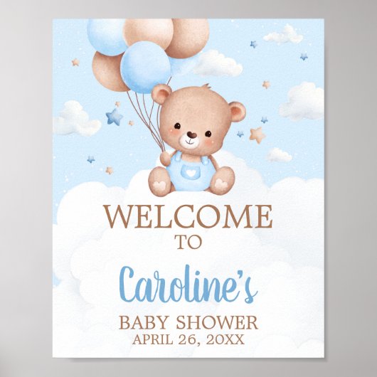 Blue Teddy Bear Baby Shower Welcome Sign ポスター (正面)