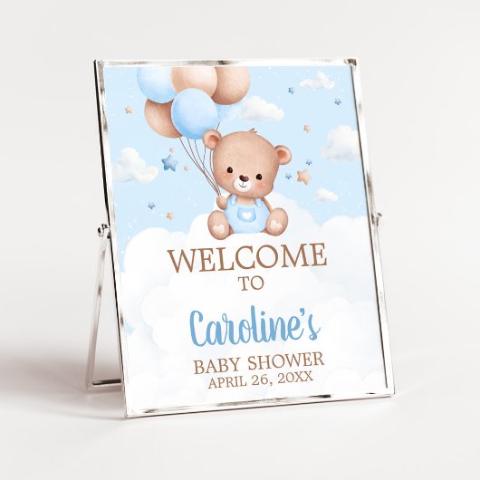 Blue Teddy Bear Baby Shower Welcome Sign ポスター