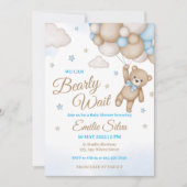 Blue Teddy Bear Balloons Boy Baby Shower 招待状 (正面)