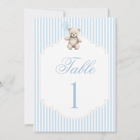 Blue Teddy Bear Bow Balloon Baby Boy Table Number (正面)