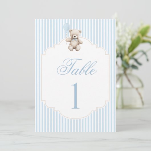 Blue Teddy Bear Bow Balloon Baby Boy Table Number (スタンド正面)