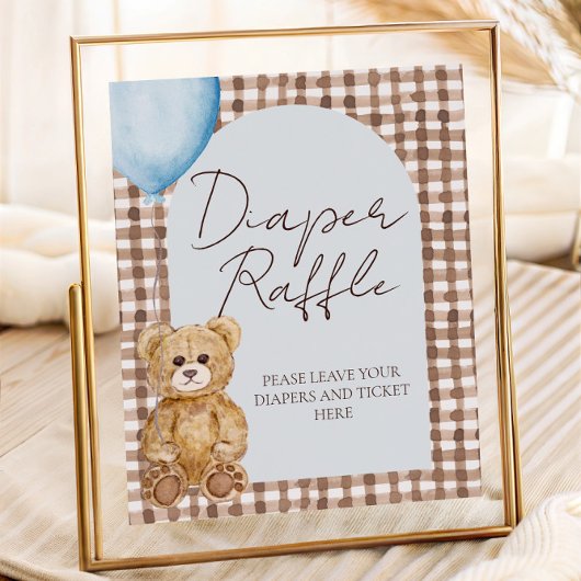Blue Teddy Bear Boy Baby Shower Diaper Raffle Sign ポスター