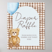 Blue Teddy Bear Boy Baby Shower Diaper Raffle Sign ポスター (正面)