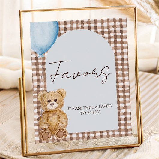 Blue Teddy Bear Boy Baby Shower Favor Table Sign ポスター