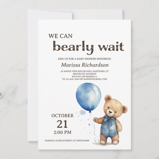 Blue Teddy Bear Boy Baby Shower Invitation 招待状 (正面)