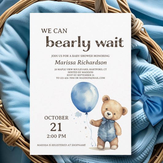 Blue Teddy Bear Boy Baby Shower Invitation 招待状