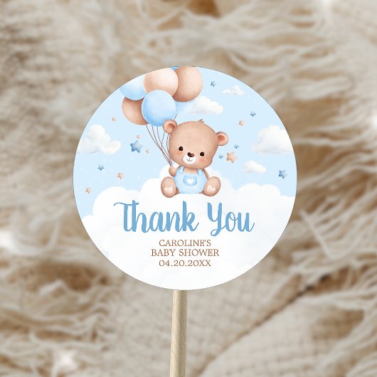 Blue Teddy Bear Clouds Balloon Baby Shower ラウンドシール