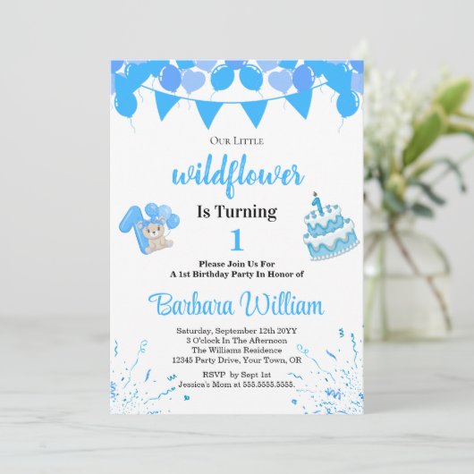 Blue Teddy Bear First Birthday Photo Invitation 招待状 (スタンド正面)