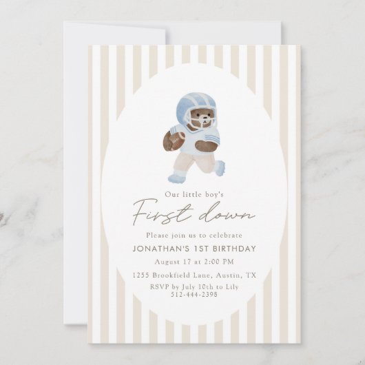 Blue Teddy bear First Down Football First Birthday 招待状 (正面)