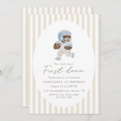 Blue Teddy bear First Down Football First Birthday 招待状 (正面/裏面)