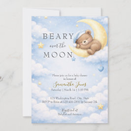 Blue Teddy Bear Moon Baby Shower Invitation 招待状