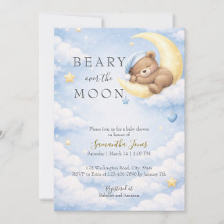 Blue Teddy Bear Moon Baby Shower Invitation 招待状