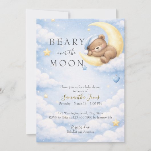 Blue Teddy Bear Moon Baby Shower Invitation 招待状 (正面)