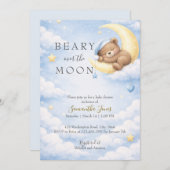 Blue Teddy Bear Moon Baby Shower Invitation 招待状 (正面/裏面)