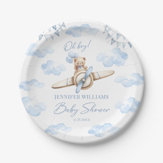 Blue Teddy Bear on Airplane Baby Boy Shower Paper ペーパープレート (正面)