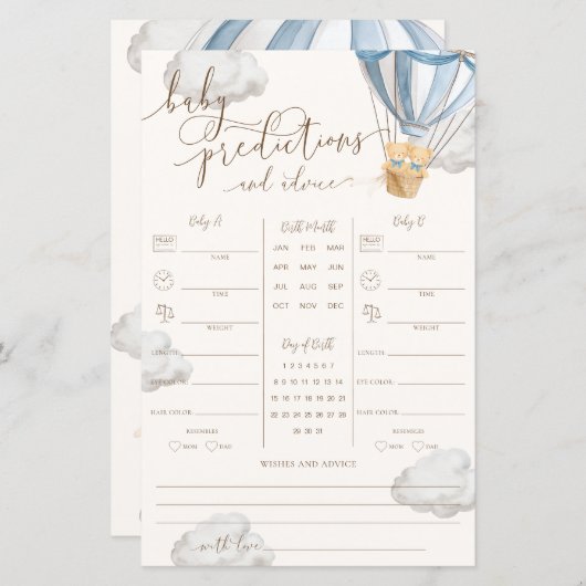 Blue Teddy Bear Twins Baby Predictions Game (正面/裏面)