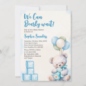 Blue Teddy Bear "We Can Bearly Wait" Baby Shower 招待状 (正面)