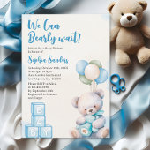 Blue Teddy Bear "We Can Bearly Wait" Baby Shower 招待状