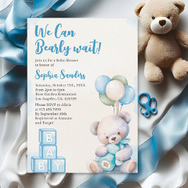 Blue Teddy Bear "We Can Bearly Wait" Baby Shower 招待状