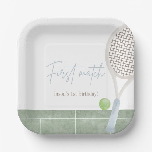 Blue Tennis First Birthday Boy Preppy Classic  ペーパープレート (正面)