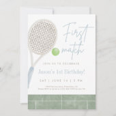 Blue Tennis First Birthday Party Invitation サンキューカード (正面)