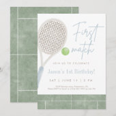 Blue Tennis First Birthday Party Invitation サンキューカード (正面/裏面)