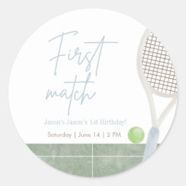 Blue Tennis First Birthday Preppy Boy Party Round ラウンドシール