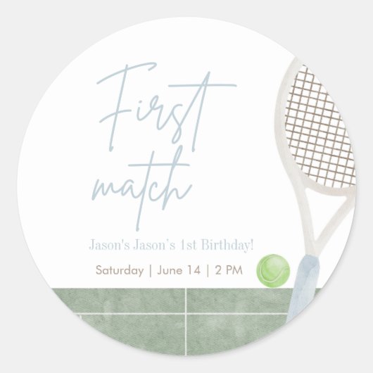 Blue Tennis First Birthday Preppy Boy Party Round ラウンドシール (正面)