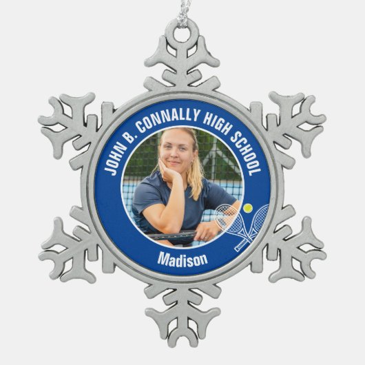 Blue Tennis Player Photo High School Spirit スノーフレークピューターオーナメント (正面)
