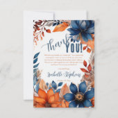 Blue | Terracotta Boy Fall Floral Baby Shower サンキューカード (正面)