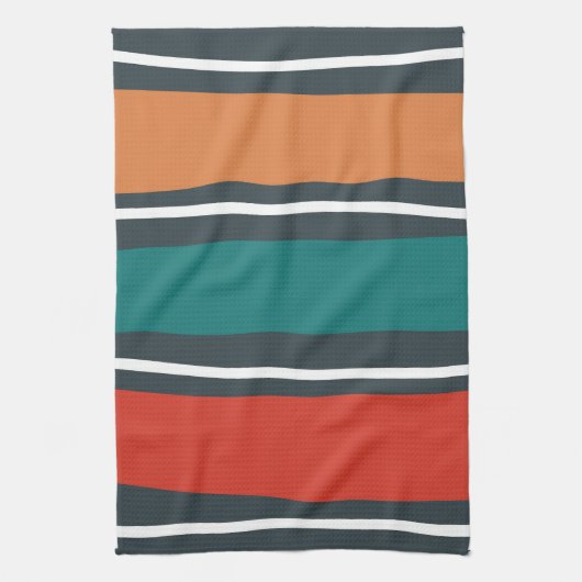 Blue terracotta red white retro waves キッチンタオル (縦)