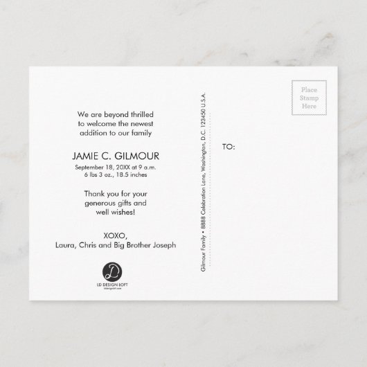 Blue Thank and Introducing Secondベビー 案内ポストカード (裏面)