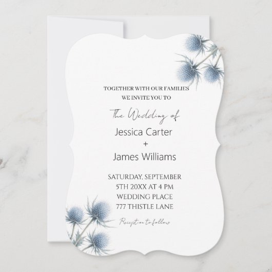 Blue Thistle Scottish Scotland Simple Wedding 招待状 (正面)