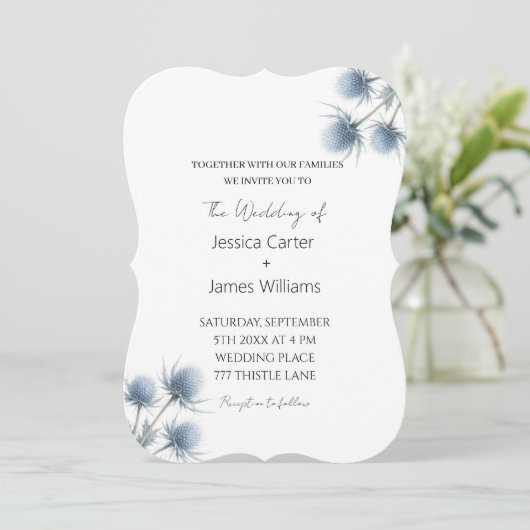 Blue Thistle Scottish Scotland Simple Wedding 招待状 (スタンド正面)