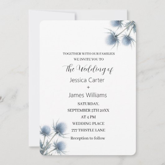 Blue Thistle Scottish Scotland Simple Wedding 招待状 (正面)