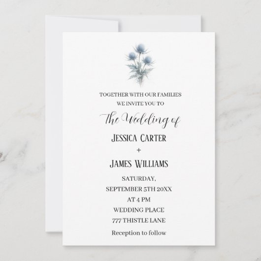 Blue Thistle Scottish Scotland Simple Wedding 招待状 (正面)