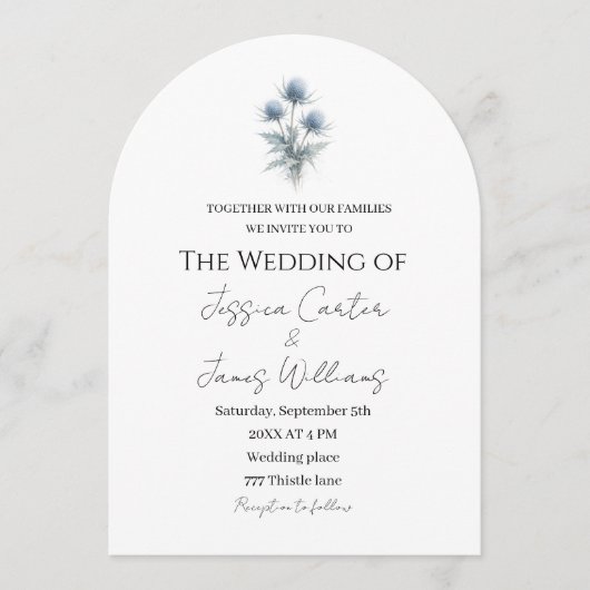 Blue Thistle Scottish Scotland Simple Wedding 招待状 (正面)