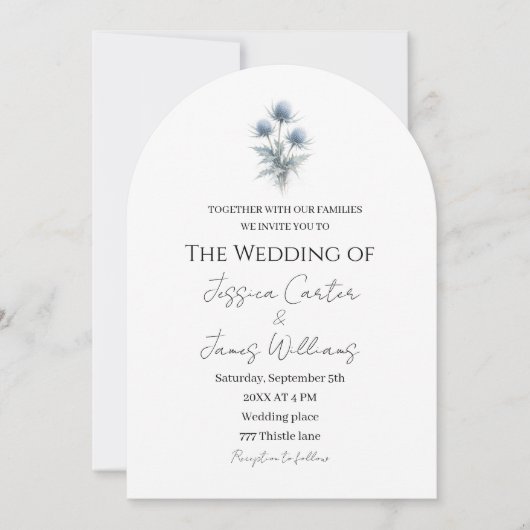 Blue Thistle Scottish Scotland Simple Wedding 招待状 (正面)