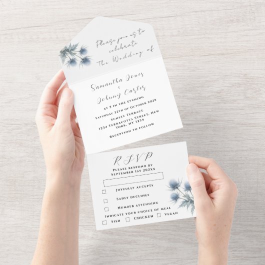 Blue Thistle Scottish Simple Floral Wedding オールインワン招待状 (貼ってはがせる)