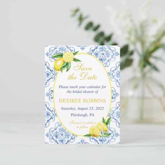 Blue Tile Floral Lemon Bridal Shower Save the Date ポストカード (スタンド正面)