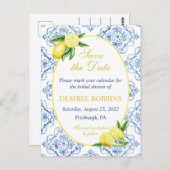 Blue Tile Floral Lemon Bridal Shower Save the Date ポストカード (正面/裏面)