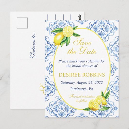 Blue Tile Floral Lemon Bridal Shower Save the Date ポストカード (正面/裏面)